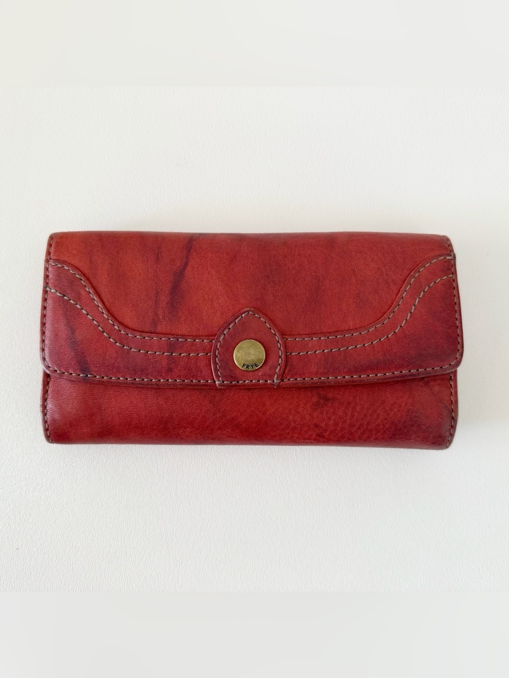 Frye Wallet Distressed Red Leather Slim Organizer Snap Button